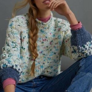 Anthropologie Gaia Knit Sweater Cream Blue Confetti Balloon Sleeve Ski Medium